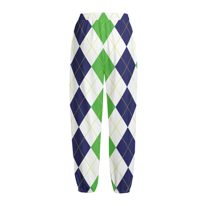 Green White And Navy Argyle Print Fleece Lined Knit Pants