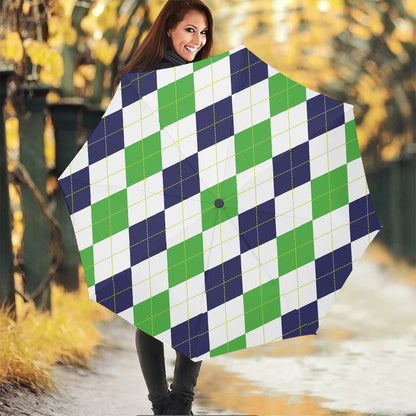 Green White And Navy Argyle Print Foldable Umbrella