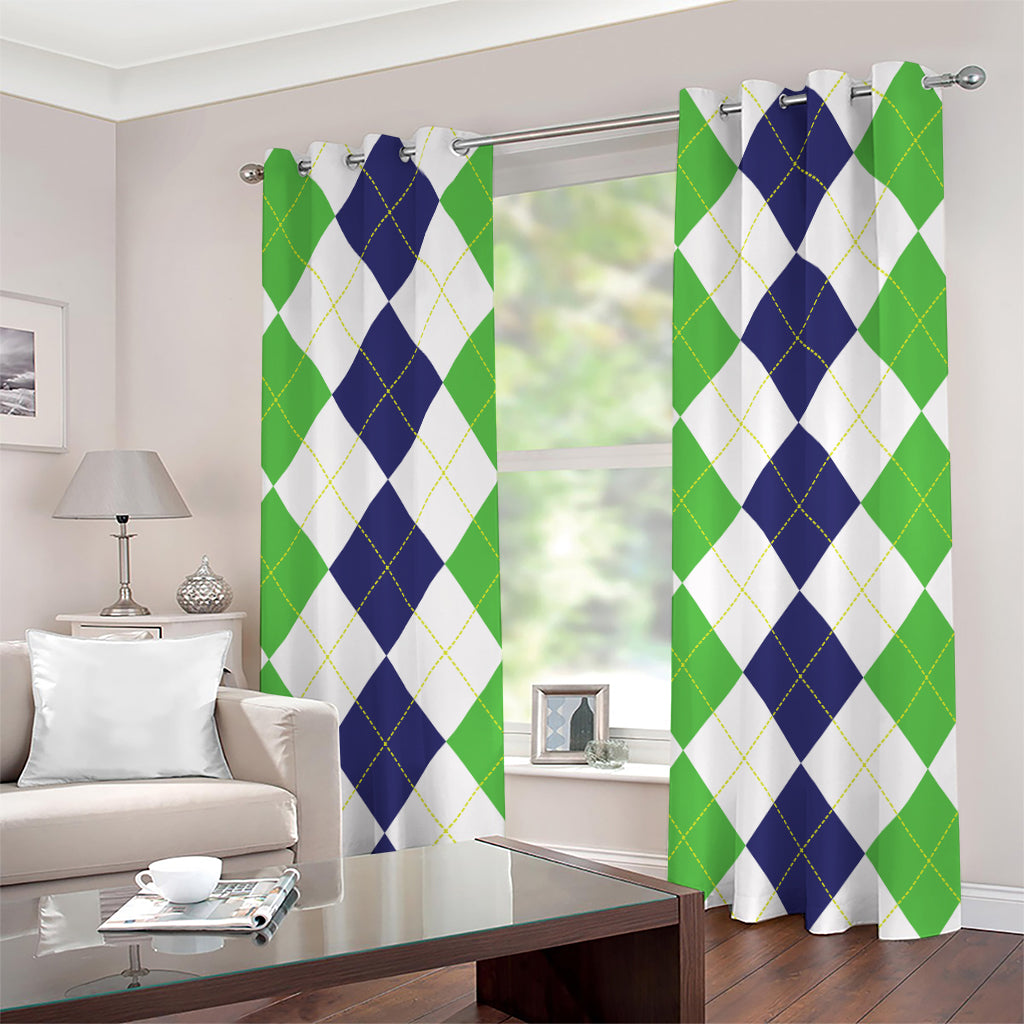 Green White And Navy Argyle Print Grommet Curtains