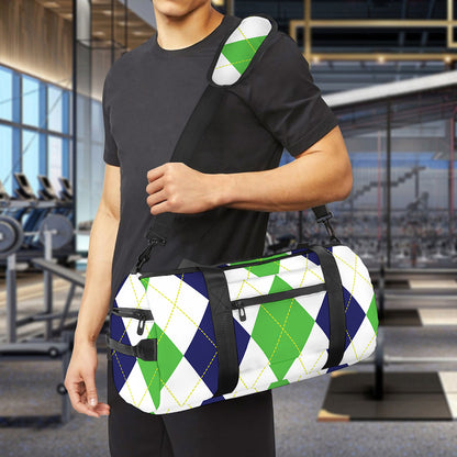Green White And Navy Argyle Print Gym Bag