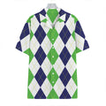 Green White And Navy Argyle Print Hawaiian Shirt