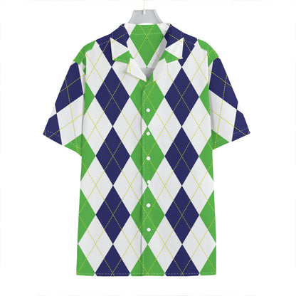 Green White And Navy Argyle Print Hawaiian Shirt