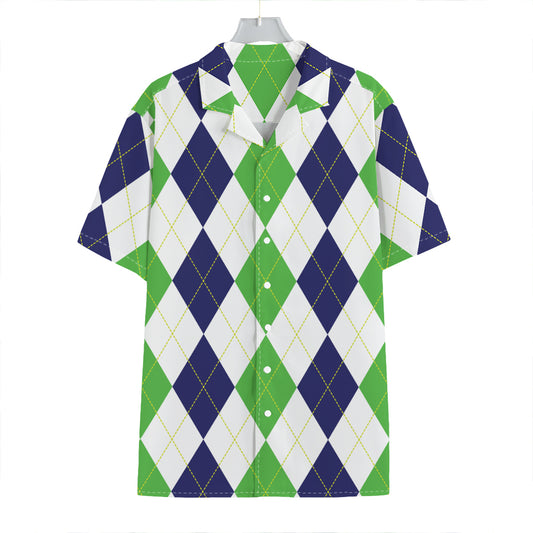 Green White And Navy Argyle Print Hawaiian Shirt