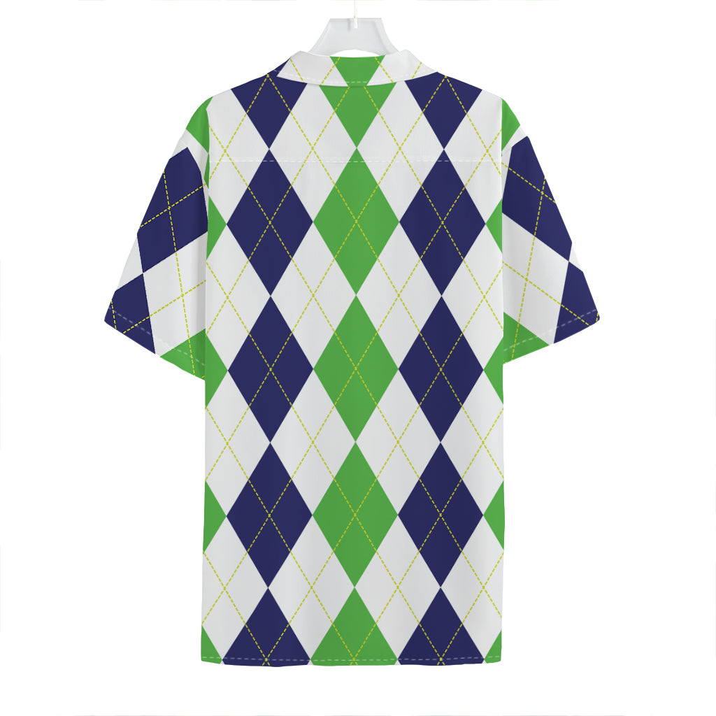 Green White And Navy Argyle Print Hawaiian Shirt