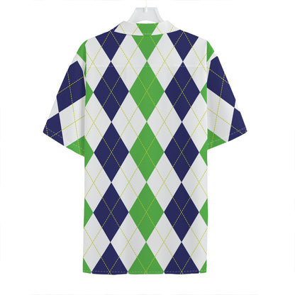 Green White And Navy Argyle Print Hawaiian Shirt