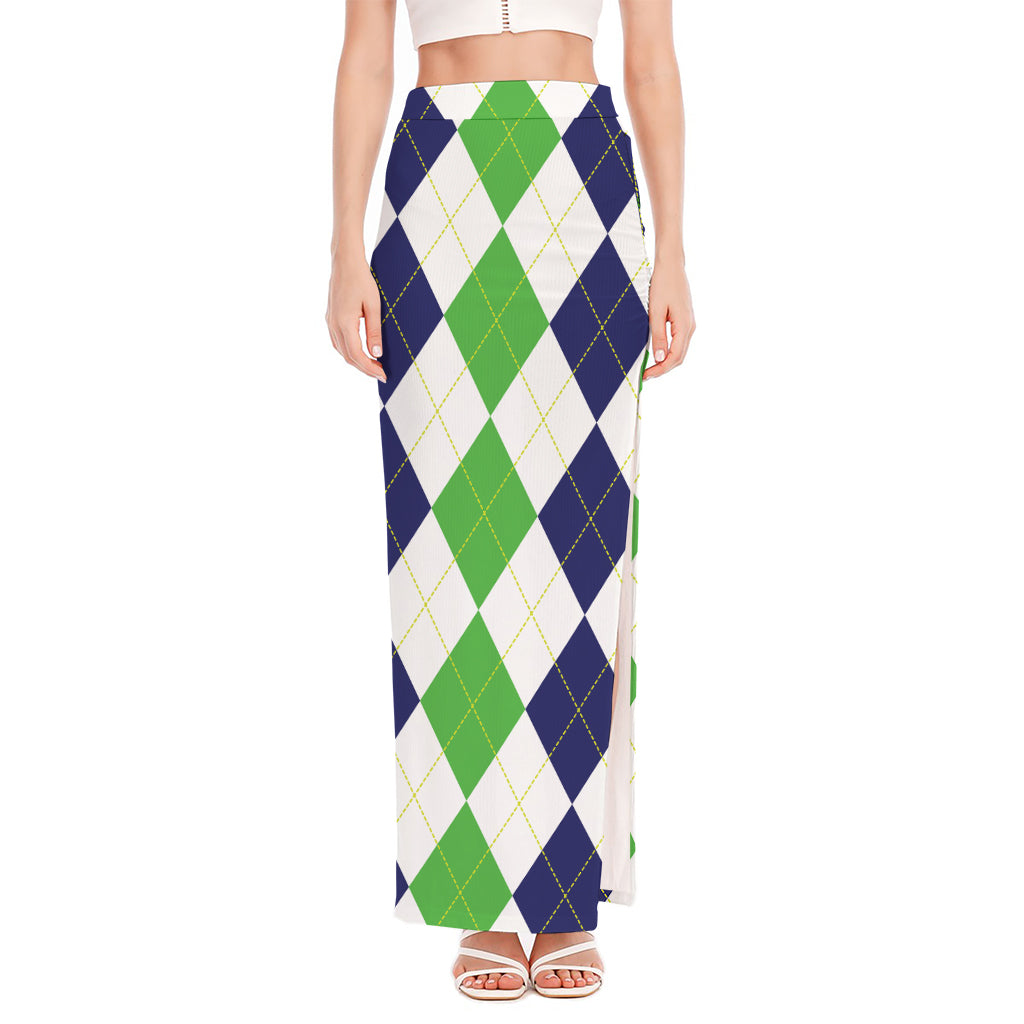 Green White And Navy Argyle Print High Slit Maxi Skirt