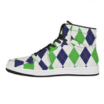 Green White And Navy Argyle Print High Top Leather Sneakers