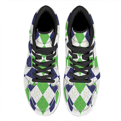 Green White And Navy Argyle Print High Top Leather Sneakers