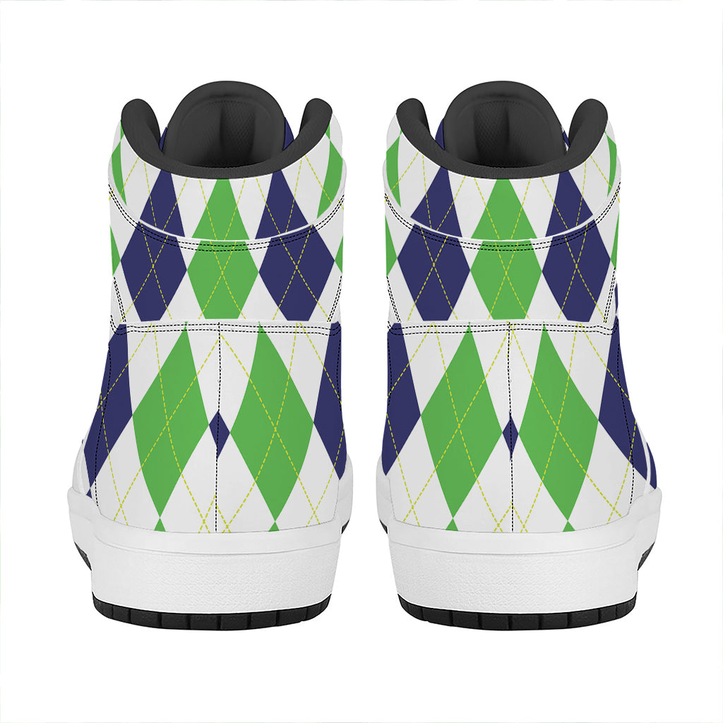 Green White And Navy Argyle Print High Top Leather Sneakers