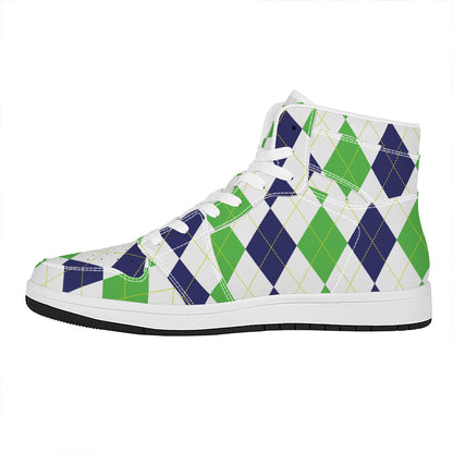 Green White And Navy Argyle Print High Top Leather Sneakers