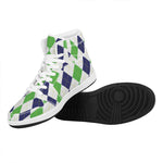 Green White And Navy Argyle Print High Top Leather Sneakers