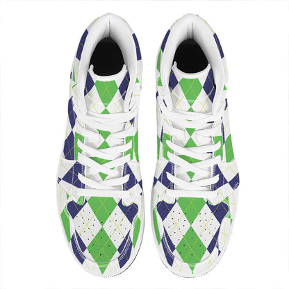 Green White And Navy Argyle Print High Top Leather Sneakers