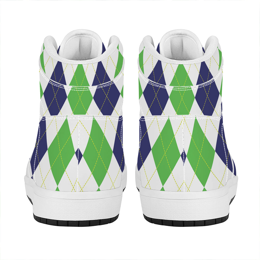 Green White And Navy Argyle Print High Top Leather Sneakers