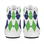 Green White And Navy Argyle Print High Top Leather Sneakers