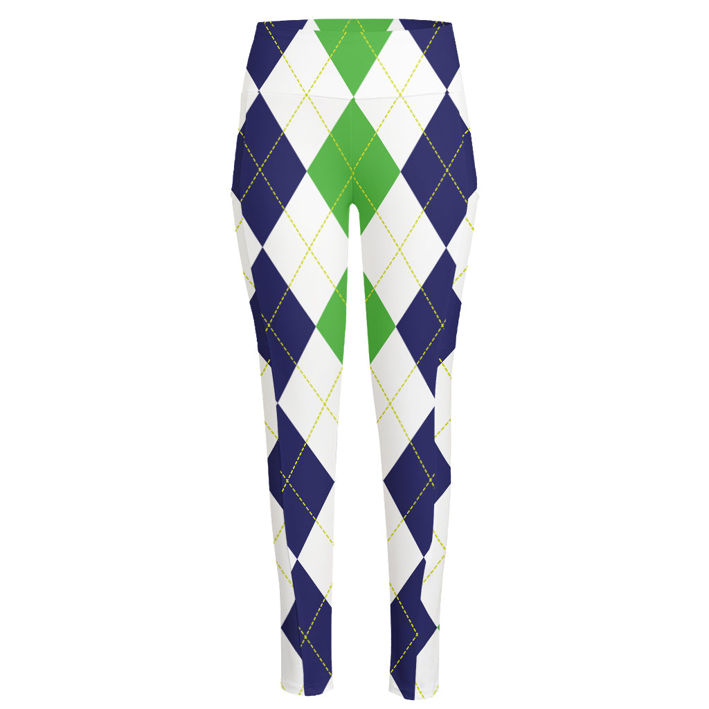 Green White And Navy Argyle Print High-Waisted Pocket Leggings