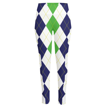 Green White And Navy Argyle Print High-Waisted Pocket Leggings