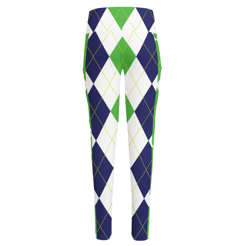 Green White And Navy Argyle Print High-Waisted Pocket Leggings