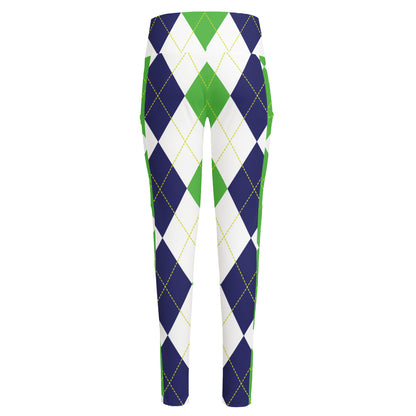 Green White And Navy Argyle Print High-Waisted Pocket Leggings