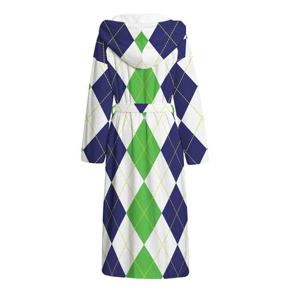 Green White And Navy Argyle Print Hooded Bathrobe