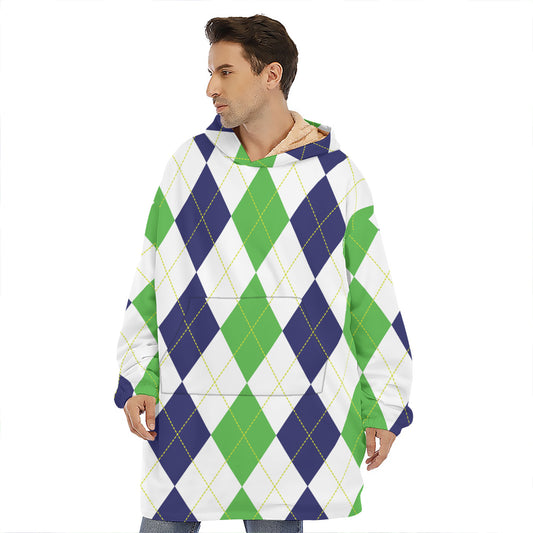 Green White And Navy Argyle Print Hoodie Blanket