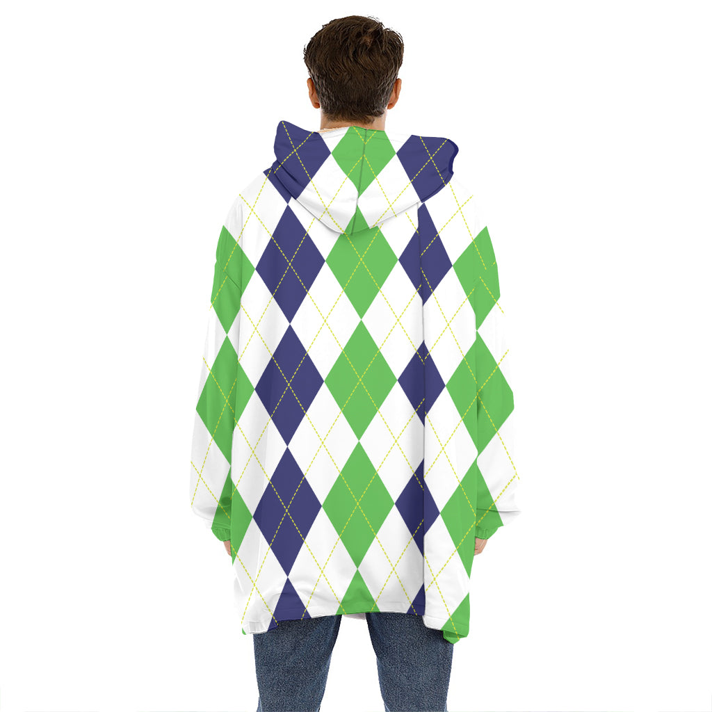 Green White And Navy Argyle Print Hoodie Blanket