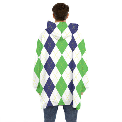 Green White And Navy Argyle Print Hoodie Blanket