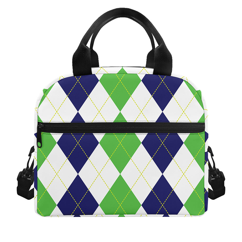 Green White And Navy Argyle Print Insulated Lunch Bag