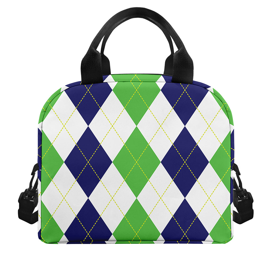 Green White And Navy Argyle Print Insulated Lunch Bag
