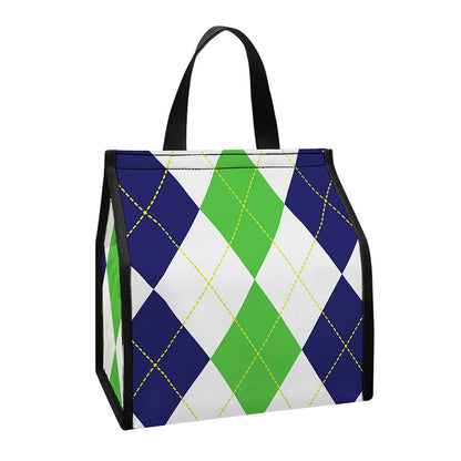 Green White And Navy Argyle Print Insulated Lunch Tote