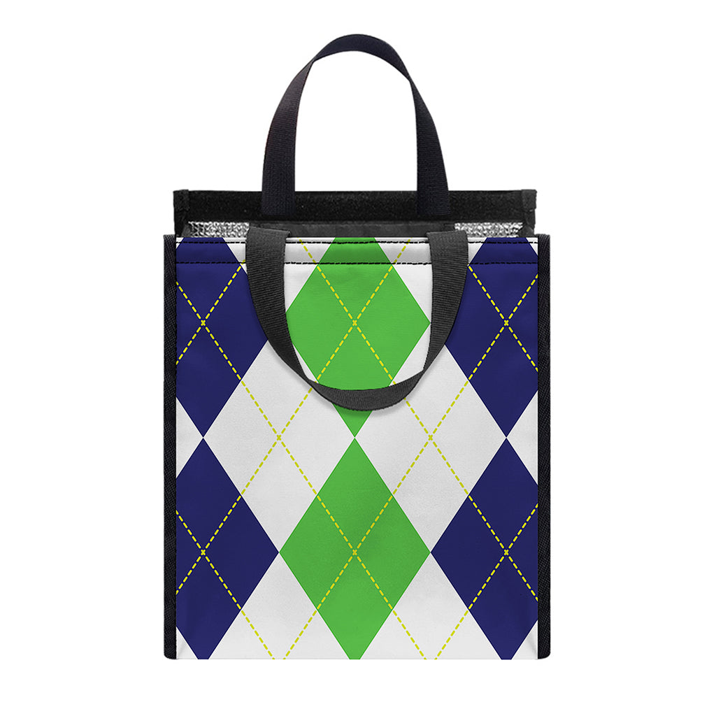 Green White And Navy Argyle Print Insulated Lunch Tote