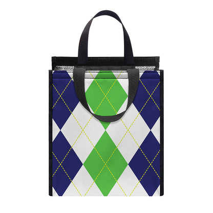 Green White And Navy Argyle Print Insulated Lunch Tote