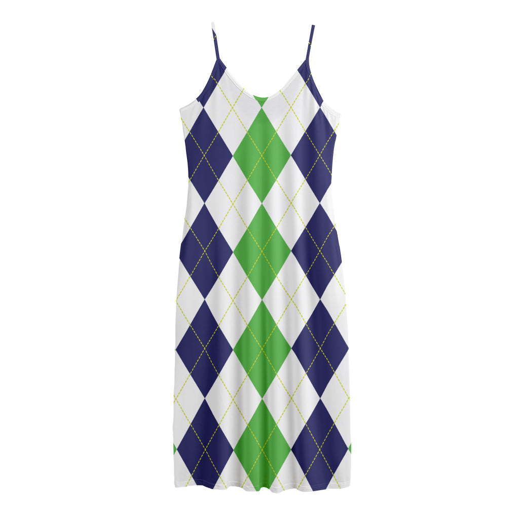 Green White And Navy Argyle Print Jersey Midi Cami Dress