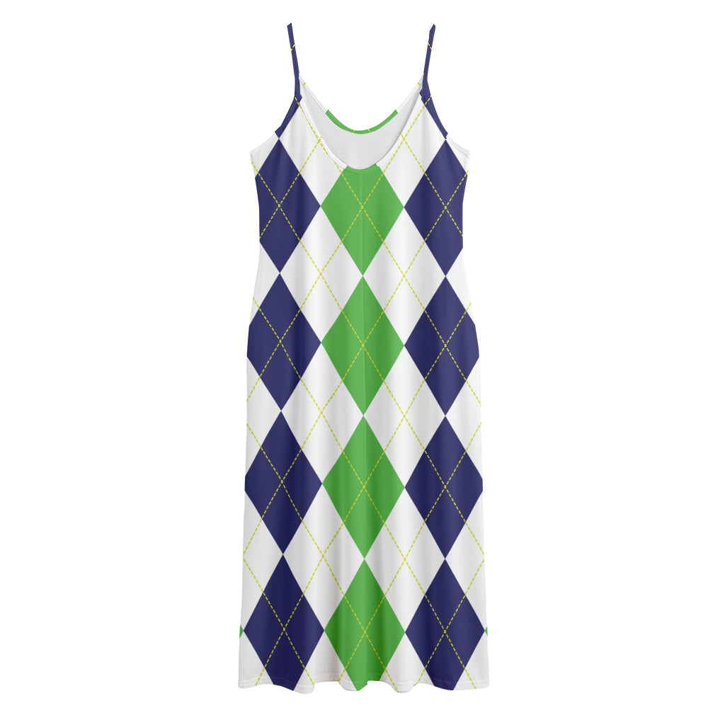 Green White And Navy Argyle Print Jersey Midi Cami Dress