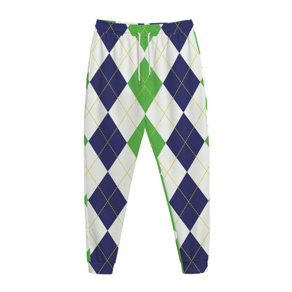 Green White And Navy Argyle Print Jogger Pants