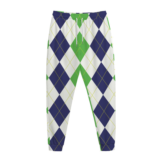 Green White And Navy Argyle Print Jogger Pants