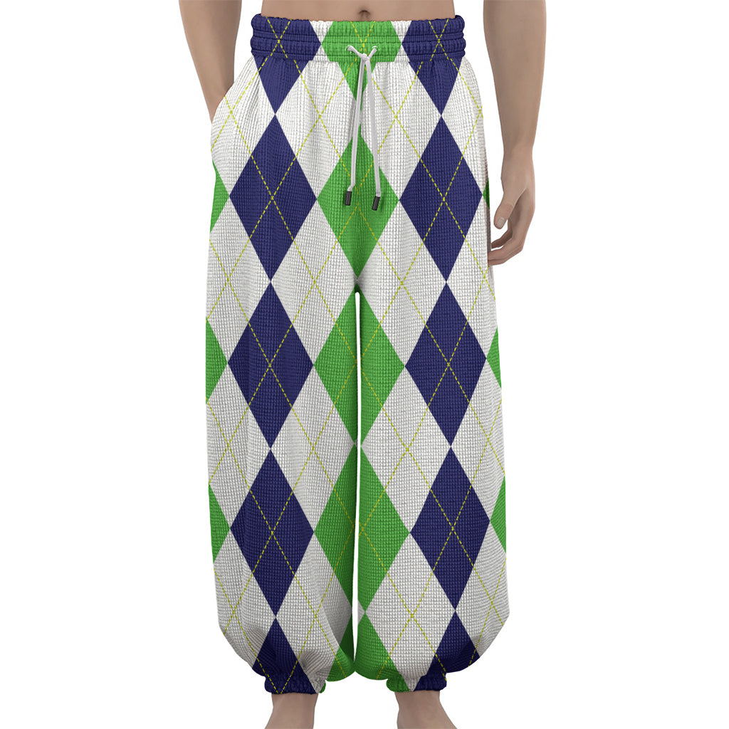 Green White And Navy Argyle Print Lantern Pants