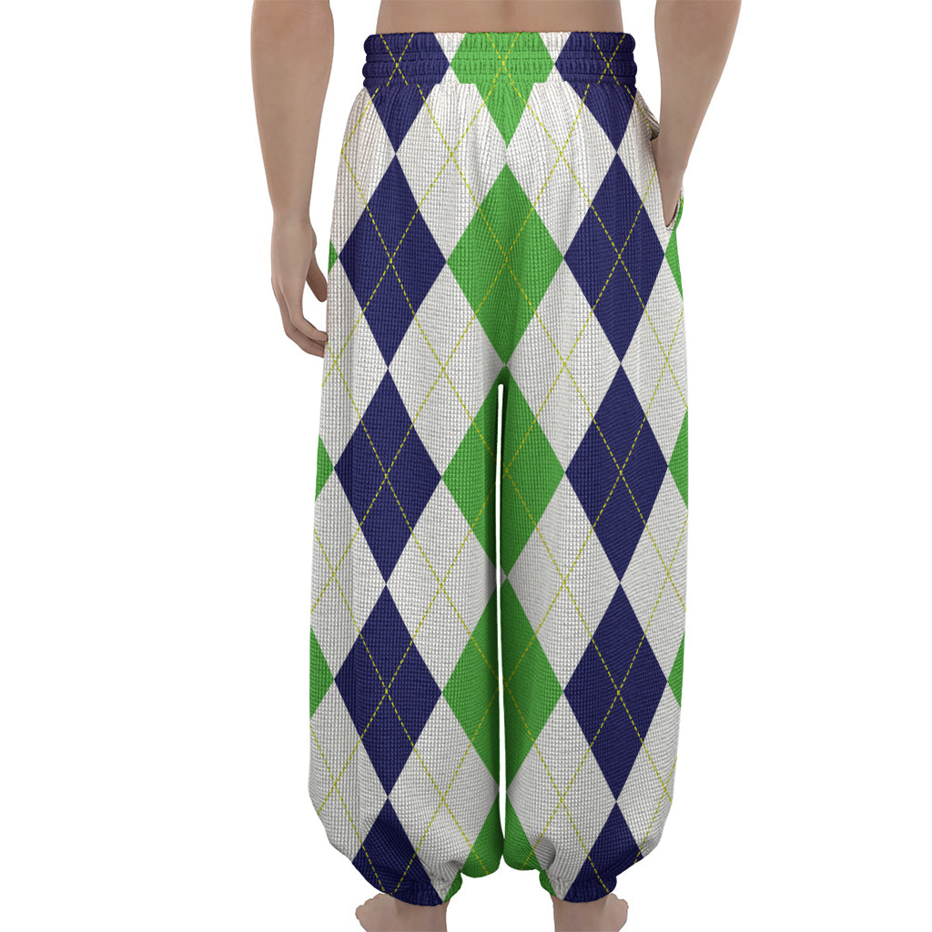 Green White And Navy Argyle Print Lantern Pants