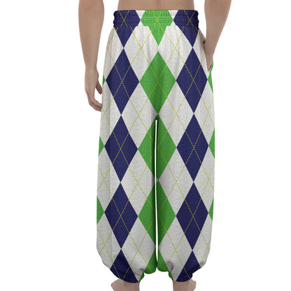 Green White And Navy Argyle Print Lantern Pants