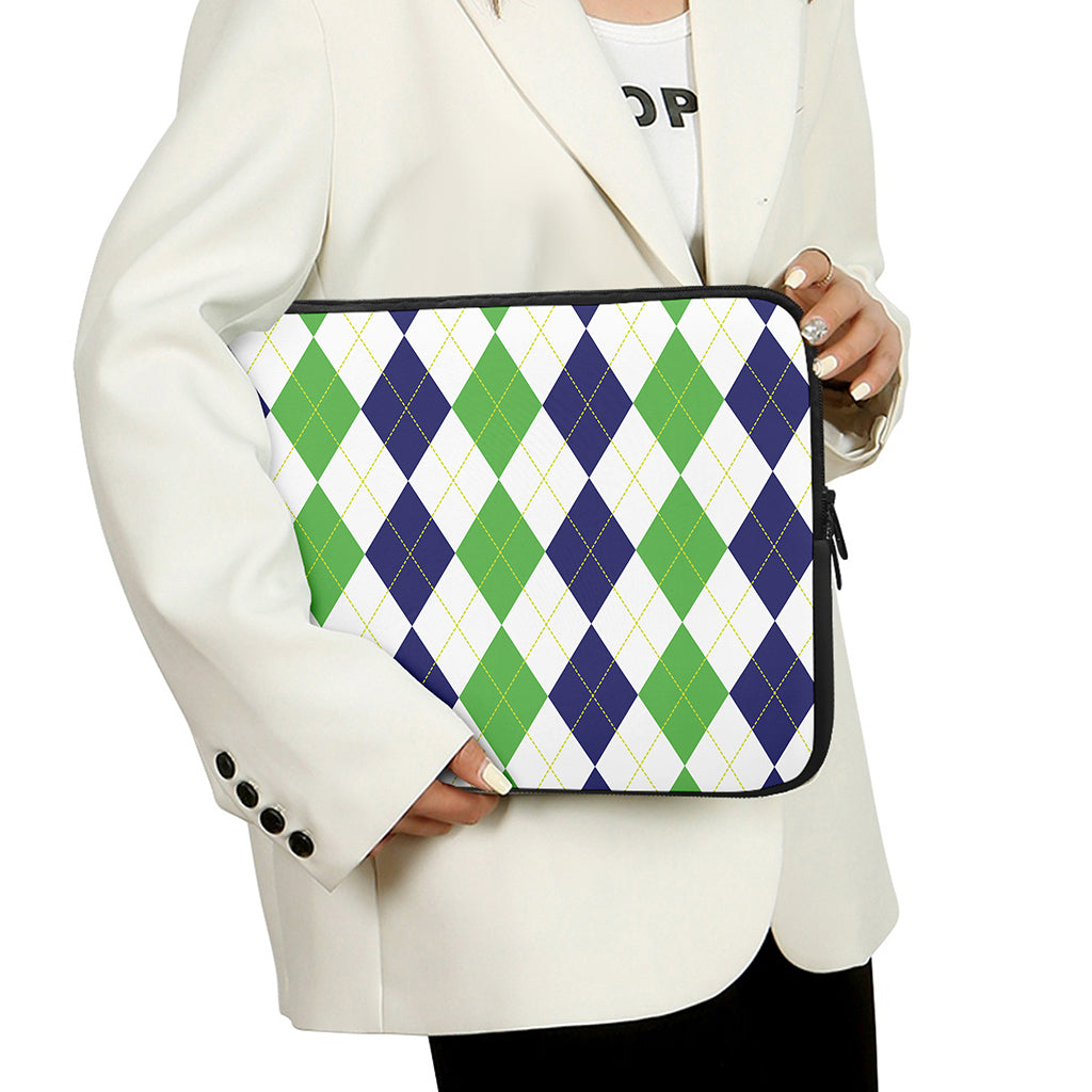 Green White And Navy Argyle Print Laptop Sleeve