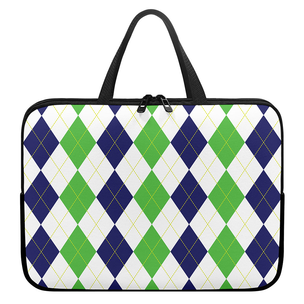 Green White And Navy Argyle Print Laptop Sleeve With Handle