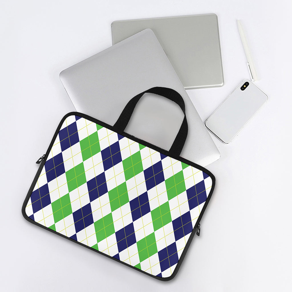 Green White And Navy Argyle Print Laptop Sleeve With Handle