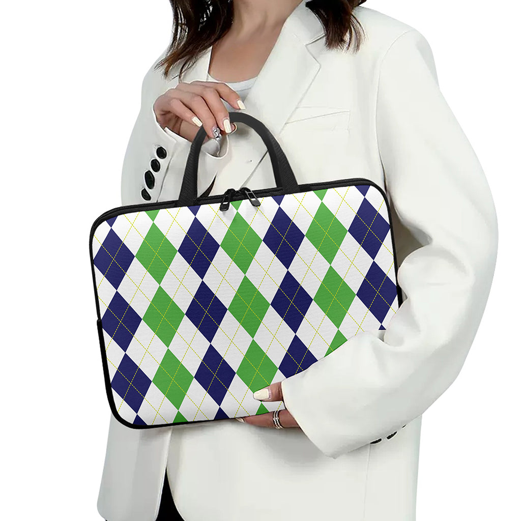 Green White And Navy Argyle Print Laptop Sleeve With Handle