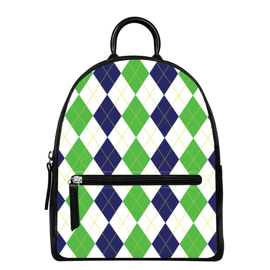 Green White And Navy Argyle Print Leather Backpack