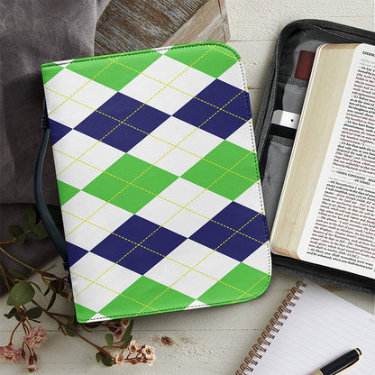 Green White And Navy Argyle Print Leather Bible Cover