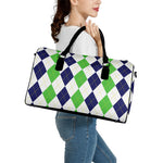 Green White And Navy Argyle Print Leather Duffle Bag