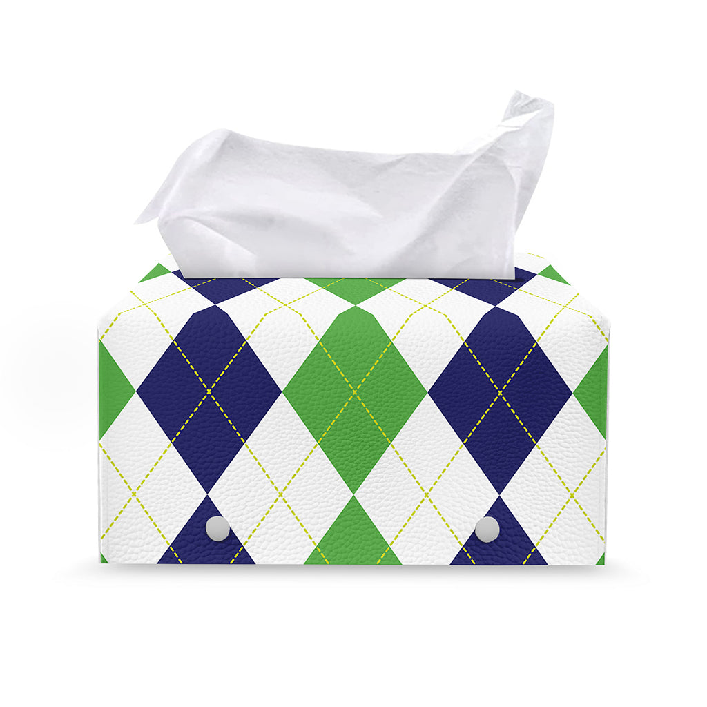 Green White And Navy Argyle Print Leather Tissue Box Cover