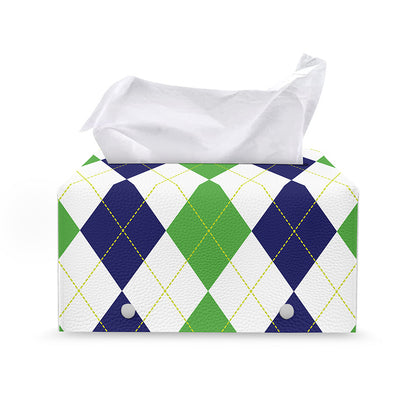 Green White And Navy Argyle Print Leather Tissue Box Cover