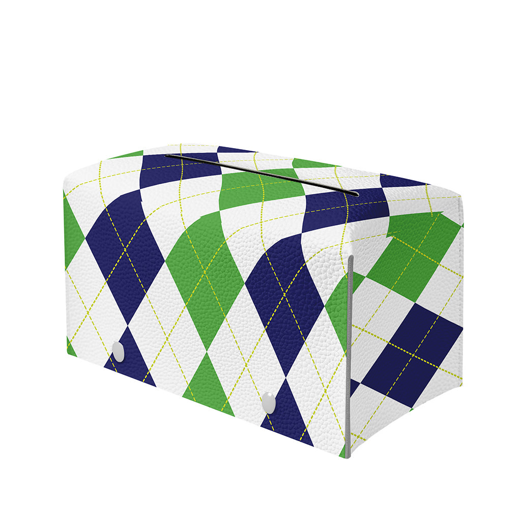 Green White And Navy Argyle Print Leather Tissue Box Cover