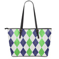 Green White And Navy Argyle Print Leather Tote Bag With Zipper