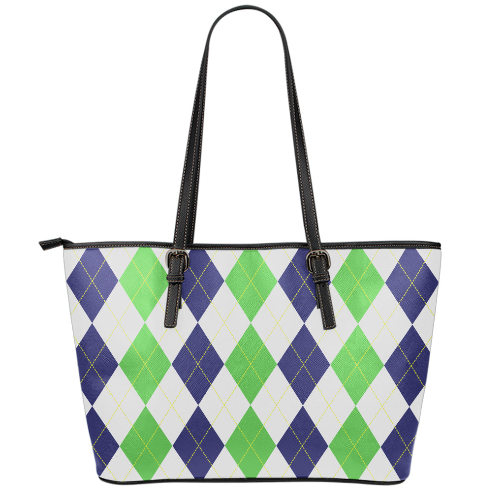 Green White And Navy Argyle Print Leather Tote Bag
